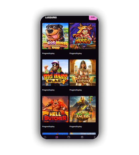 Lussurio Casino games catalogue with slot tiles from Pragmatic Play, Elk, Hacksaw and BGaming
