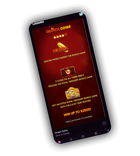 Lussurio Casino mobile app view with slot lobby, bonus banner and quick account tools